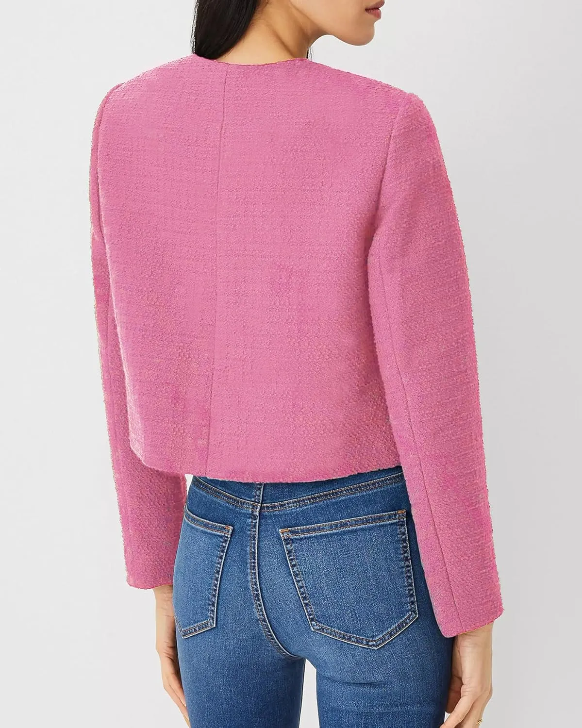 Women's Cropped Tweed Blazer Jacket Collarless Long Sleeve Button Down Work Office Jacket Casual Elegant Outfits