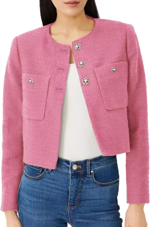 Women's Cropped Tweed Blazer Jacket Collarless Long Sleeve Button Down Work Office Jacket Casual Elegant Outfits