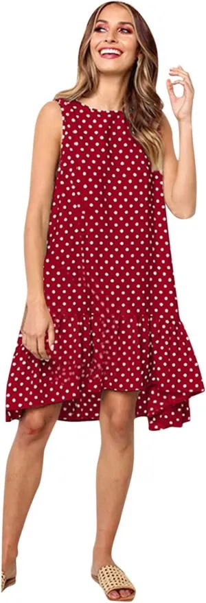 Women's Elegant Round Neck Sleeveless Dress Hem Ruffle Pleated Midi Skirt Polka Dot Loose Dresses Party Vacation