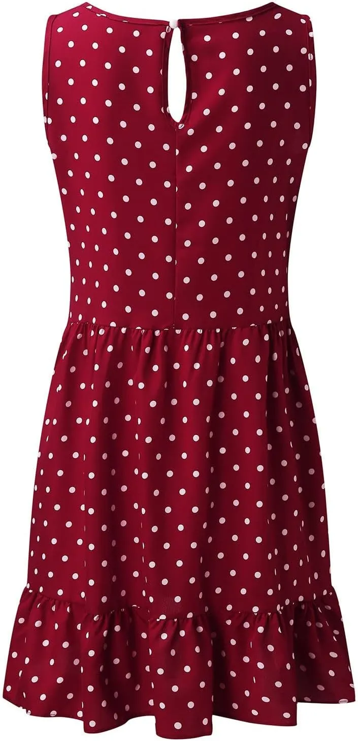 Women's Elegant Round Neck Sleeveless Dress Hem Ruffle Pleated Midi Skirt Polka Dot Loose Dresses Party Vacation