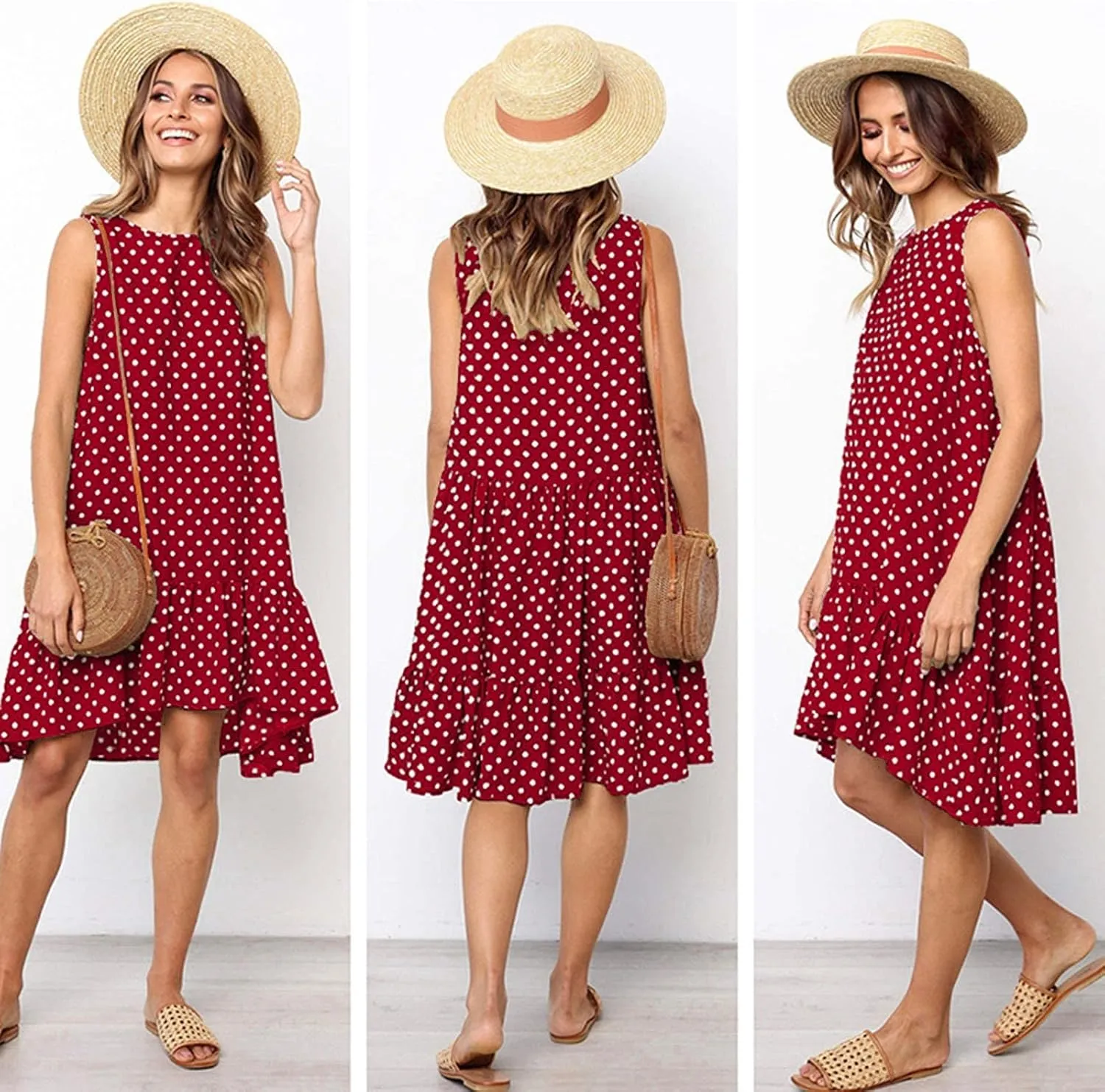 Women's Elegant Round Neck Sleeveless Dress Hem Ruffle Pleated Midi Skirt Polka Dot Loose Dresses Party Vacation