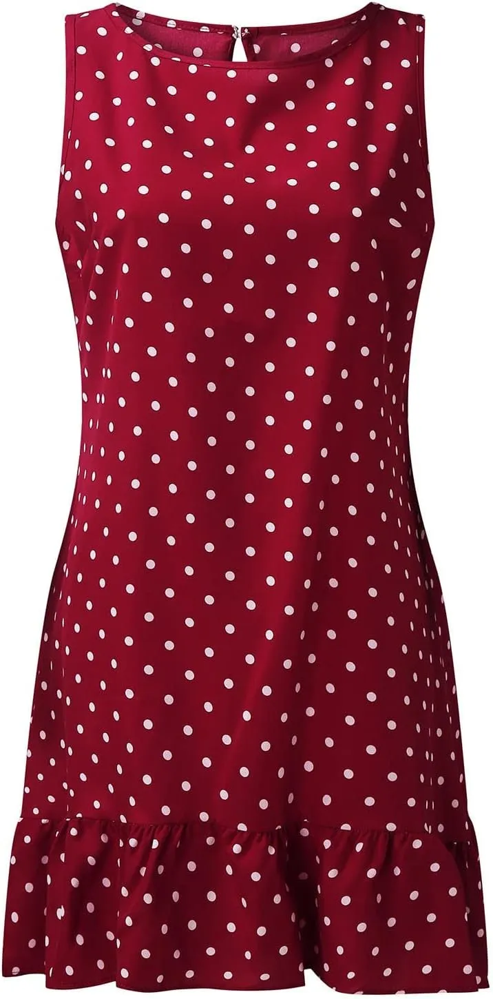 Women's Elegant Round Neck Sleeveless Dress Hem Ruffle Pleated Midi Skirt Polka Dot Loose Dresses Party Vacation
