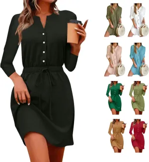 Women's Fall Trendy Long Sleeve Button Solid Elegant V-Neck Dress Plus Size