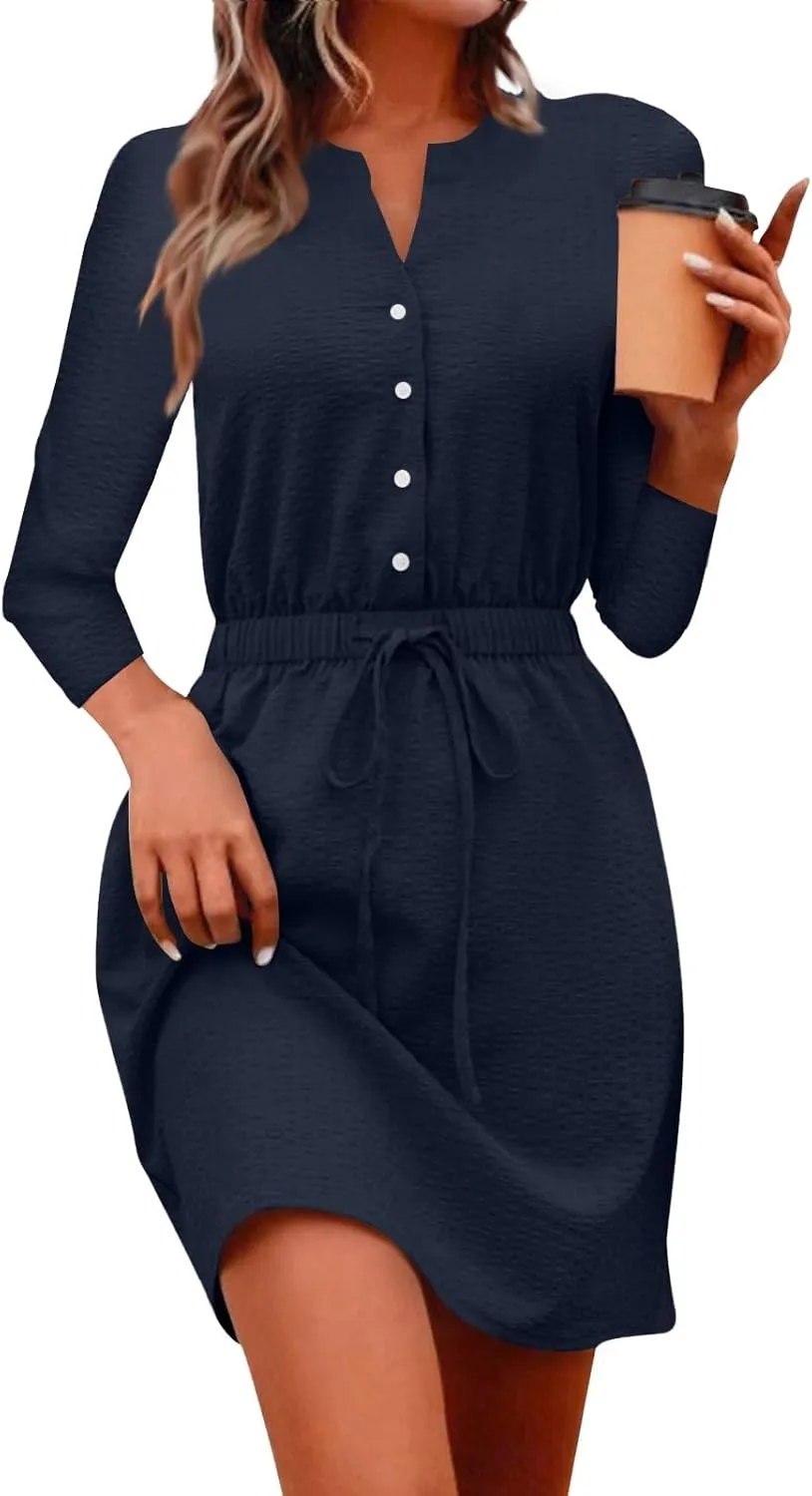 Women's Fall Trendy Long Sleeve Button Solid Elegant V-Neck Dress Plus Size