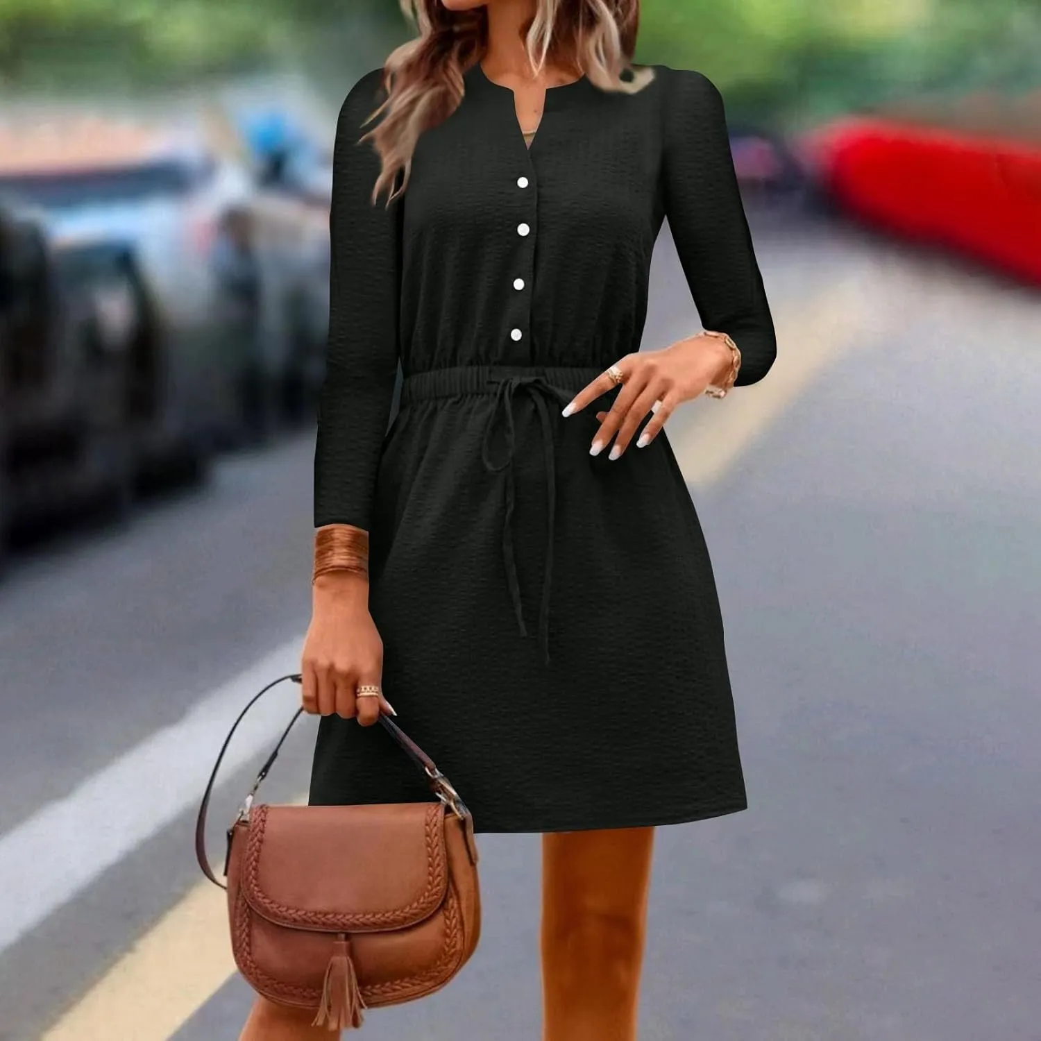 Women's Fall Trendy Long Sleeve Button Solid Elegant V-Neck Dress Plus Size