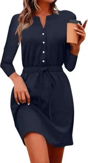Women's Fall Trendy Long Sleeve Button Solid Elegant V-Neck Dress Plus Size