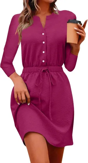 Women's Fall Trendy Long Sleeve Button Solid Elegant V-Neck Dress Plus Size