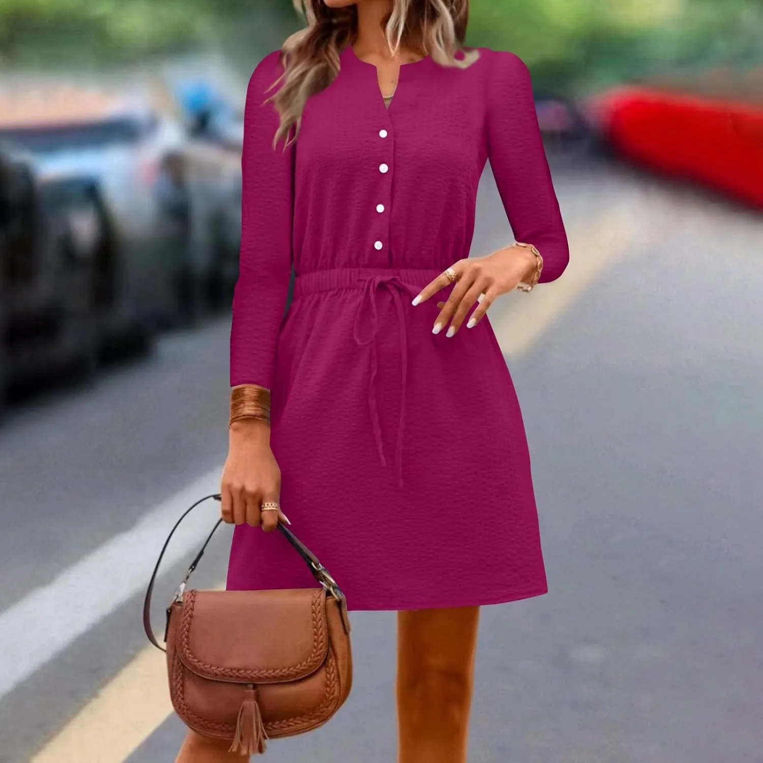 Women's Fall Trendy Long Sleeve Button Solid Elegant V-Neck Dress Plus Size