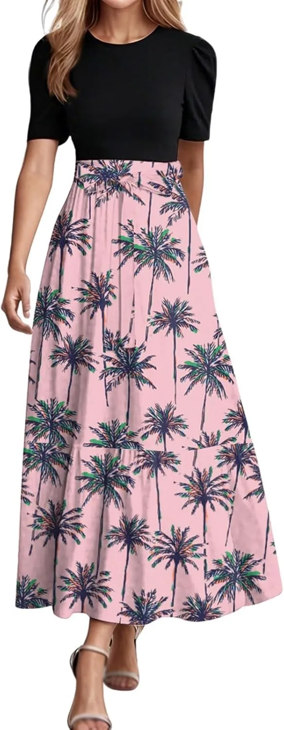 Womens Floral Print Long Dresses Elegant Boho Tie Belted Sundress Patchwork Empire Waist Short Sleeve Flowy Maxi Dress