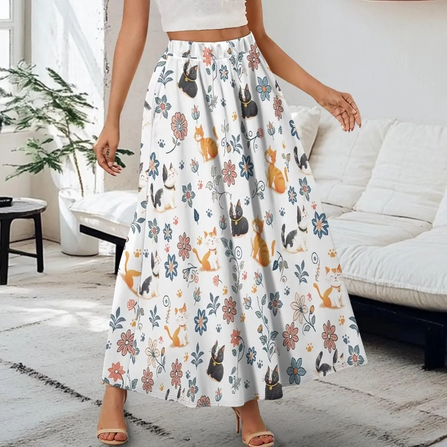Womens Flowy Maxi Skirts Pleated Elastic High Waist Casual Long Skirts Flared Swing A-Line Skirts with Pockets