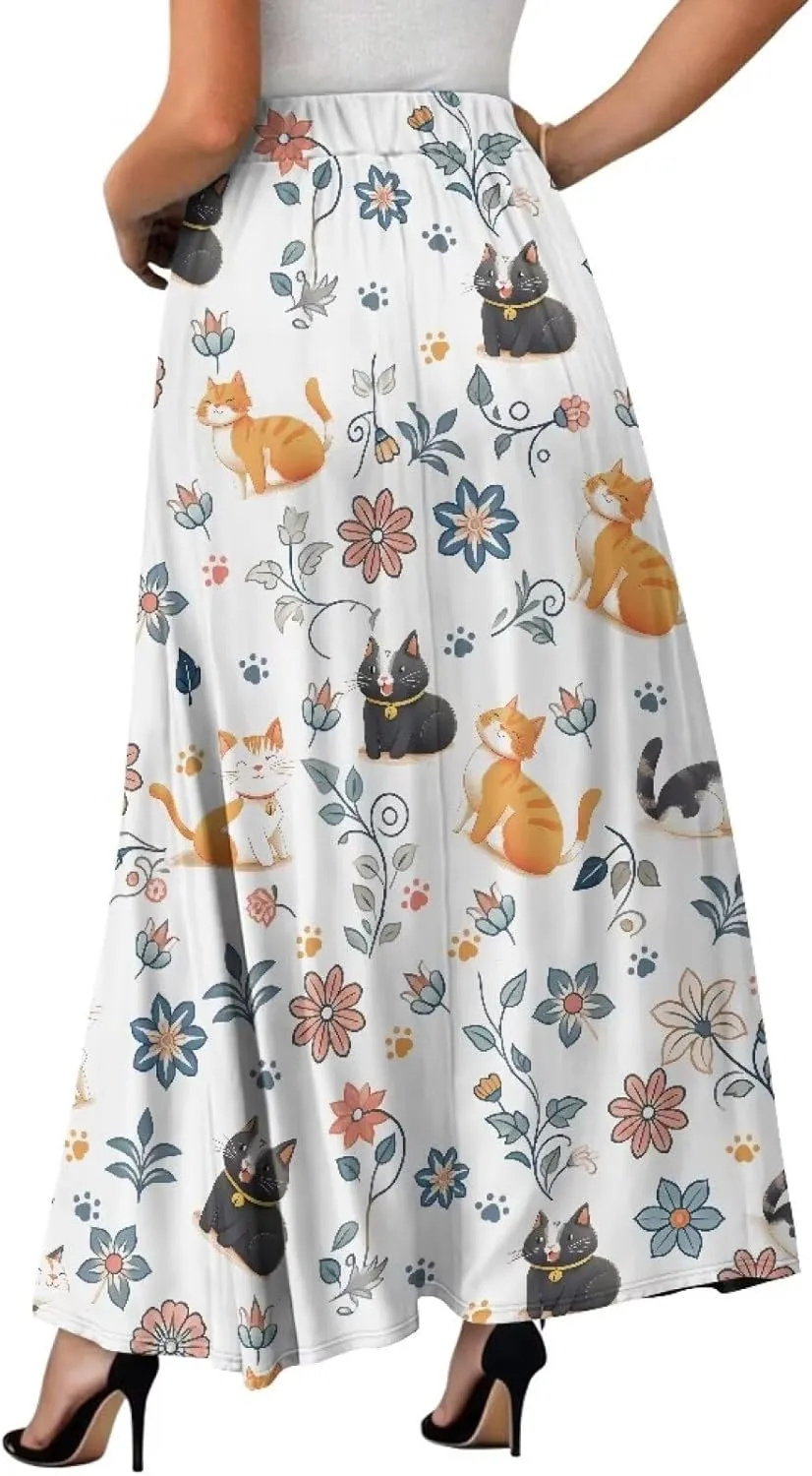 Womens Flowy Maxi Skirts Pleated Elastic High Waist Casual Long Skirts Flared Swing A-Line Skirts with Pockets