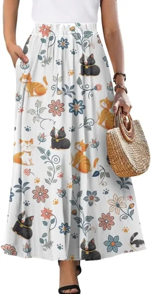 Womens Flowy Maxi Skirts Pleated Elastic High Waist Casual Long Skirts Flared Swing A-Line Skirts with Pockets