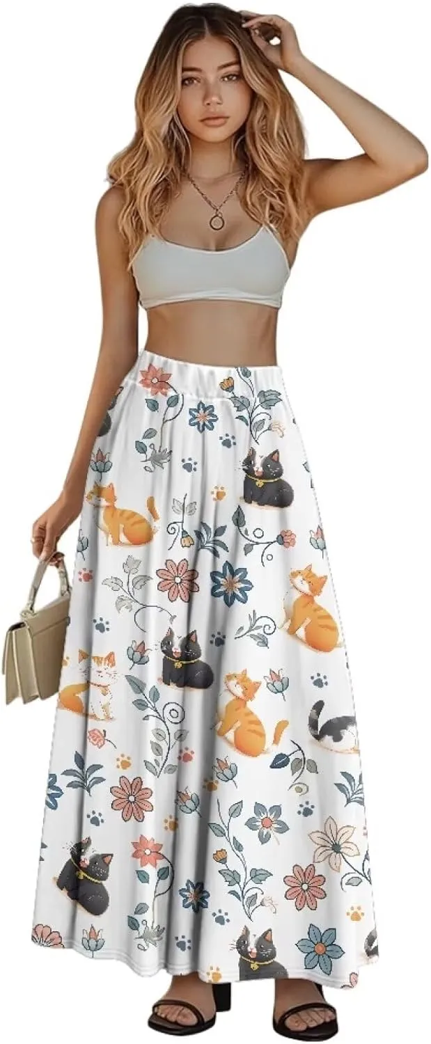 Womens Flowy Maxi Skirts Pleated Elastic High Waist Casual Long Skirts Flared Swing A-Line Skirts with Pockets