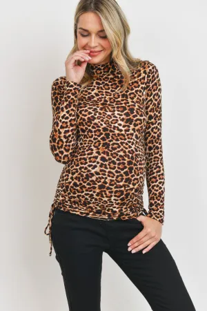 Women's leopard knit adjustable drawstring mock neck maternity top