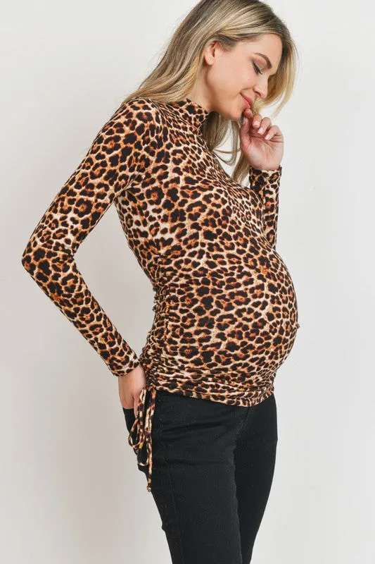 Women's leopard knit adjustable drawstring mock neck maternity top