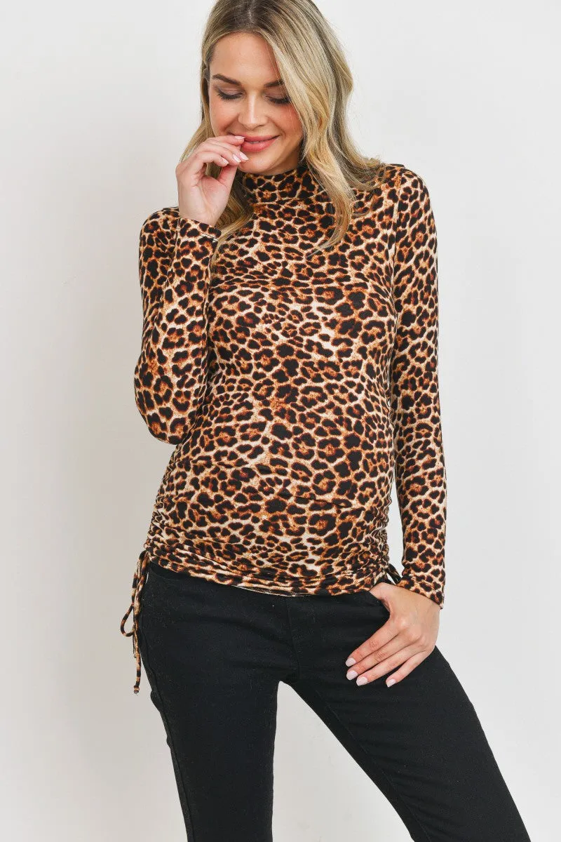 Women's leopard knit adjustable drawstring mock neck maternity top