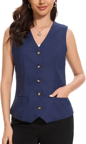 Womens Linen Vest Lightweight V Neck Pocket 2025 Work Casual Button Cropped Sleeveless Jacket Summer Vests Waistcoat