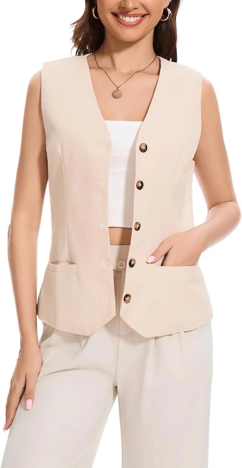Womens Linen Vest Lightweight V Neck Pocket 2025 Work Casual Button Cropped Sleeveless Jacket Summer Vests Waistcoat