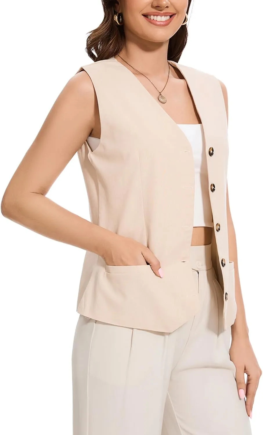 Womens Linen Vest Lightweight V Neck Pocket 2025 Work Casual Button Cropped Sleeveless Jacket Summer Vests Waistcoat