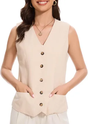 Womens Linen Vest Lightweight V Neck Pocket 2025 Work Casual Button Cropped Sleeveless Jacket Summer Vests Waistcoat