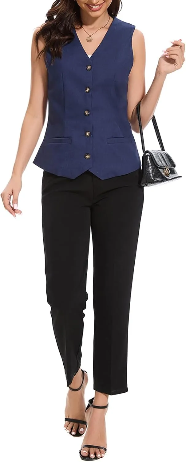 Womens Linen Vest Lightweight V Neck Pocket 2025 Work Casual Button Cropped Sleeveless Jacket Summer Vests Waistcoat