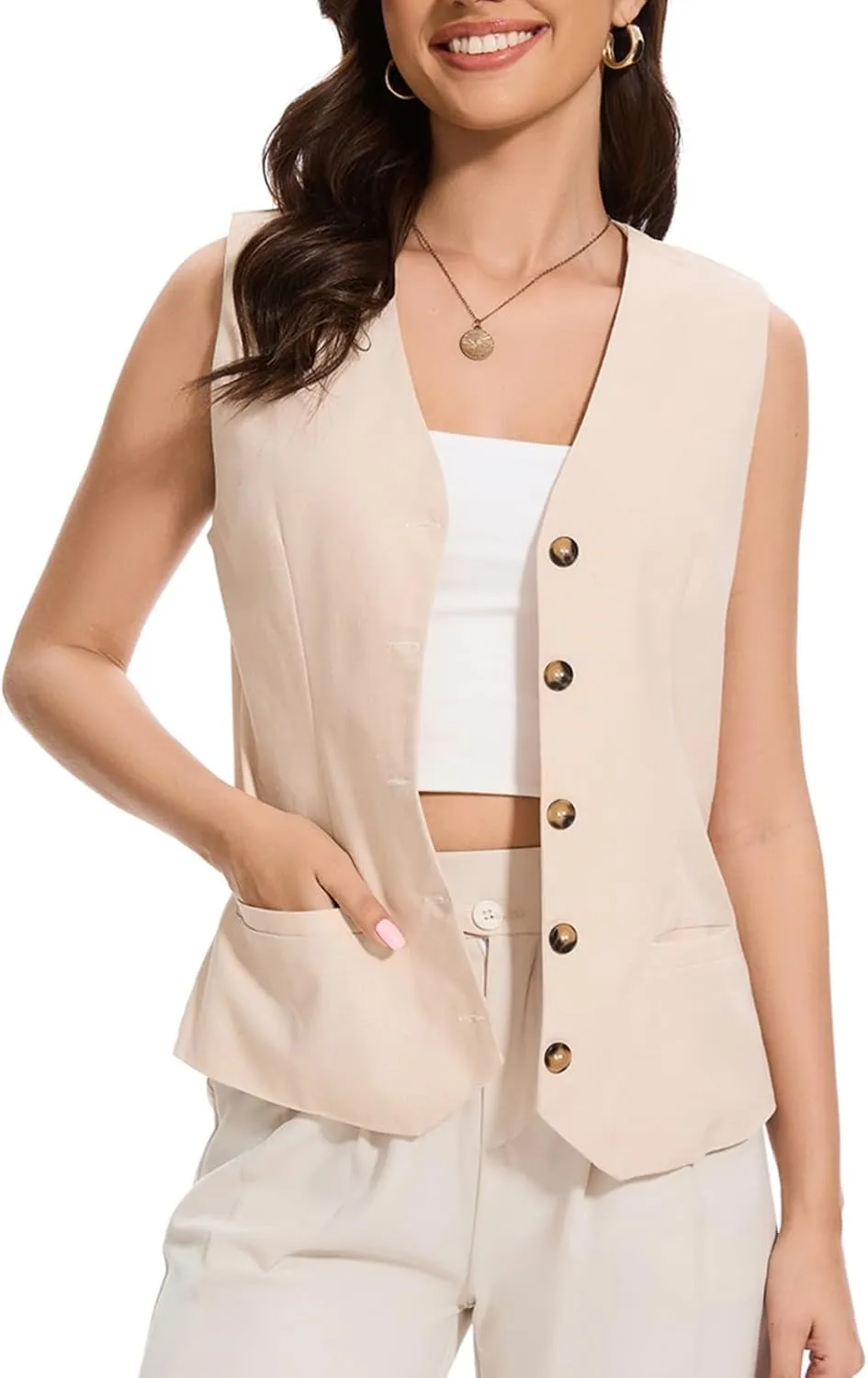 Womens Linen Vest Lightweight V Neck Pocket 2025 Work Casual Button Cropped Sleeveless Jacket Summer Vests Waistcoat