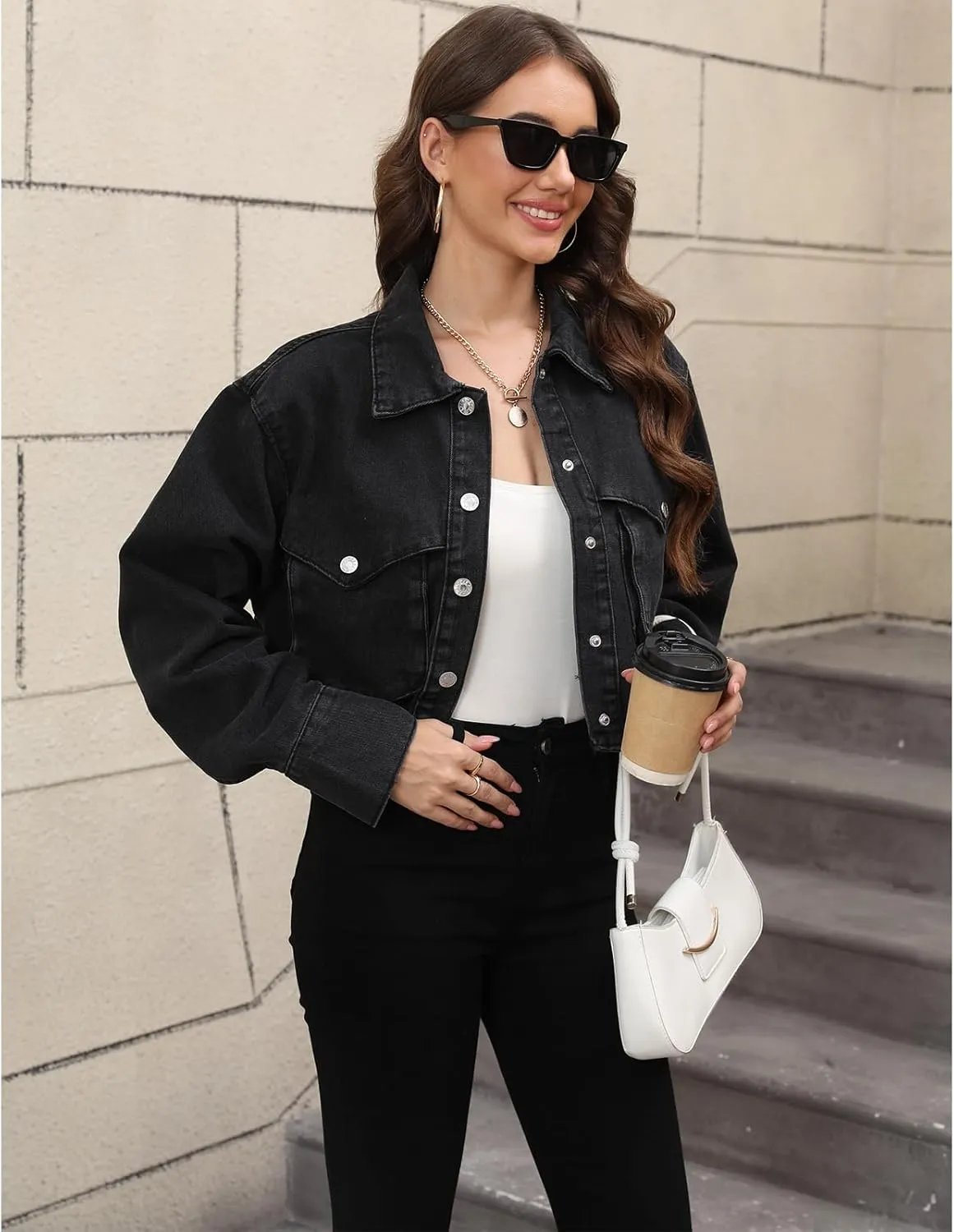 Women's Long Sleeve Button Down Cropped Trucker Short Denim Jean Jacket with Pockets