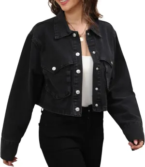 Women's Long Sleeve Button Down Cropped Trucker Short Denim Jean Jacket with Pockets