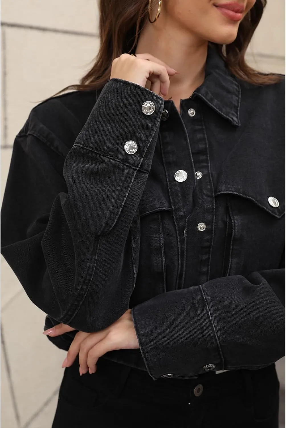 Women's Long Sleeve Button Down Cropped Trucker Short Denim Jean Jacket with Pockets