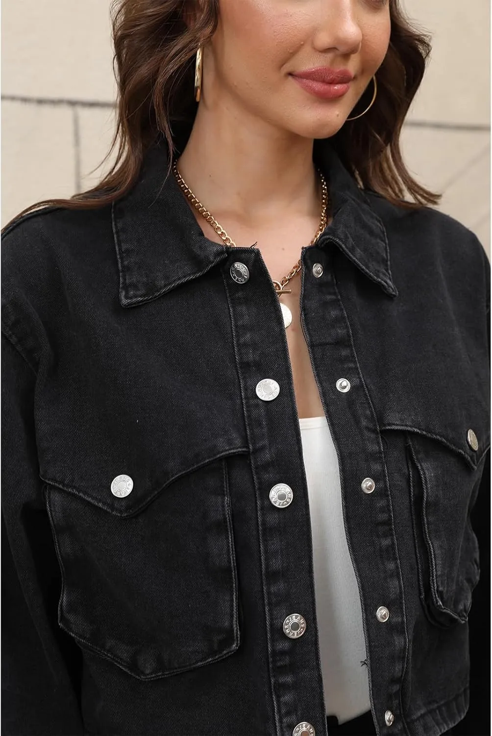 Women's Long Sleeve Button Down Cropped Trucker Short Denim Jean Jacket with Pockets