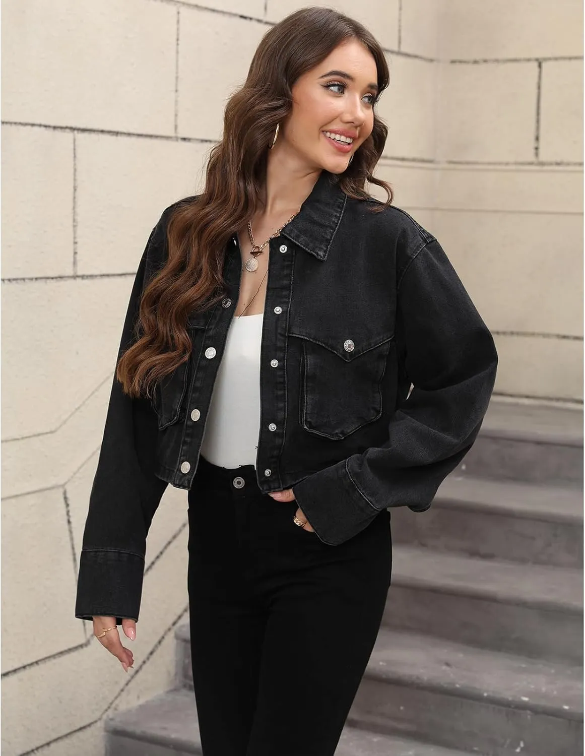 Women's Long Sleeve Button Down Cropped Trucker Short Denim Jean Jacket with Pockets