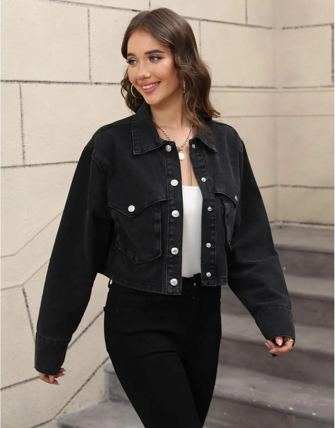 Women's Long Sleeve Button Down Cropped Trucker Short Denim Jean Jacket with Pockets