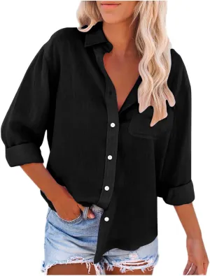 Womens Long Sleeve Tops V Neck Button Down Blouses Solid Classic Fit Shirts Spring Fall Daily Party Fashion Clothes
