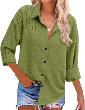 Womens Long Sleeve Tops V Neck Button Down Blouses Solid Classic Fit Shirts Spring Fall Daily Party Fashion Clothes