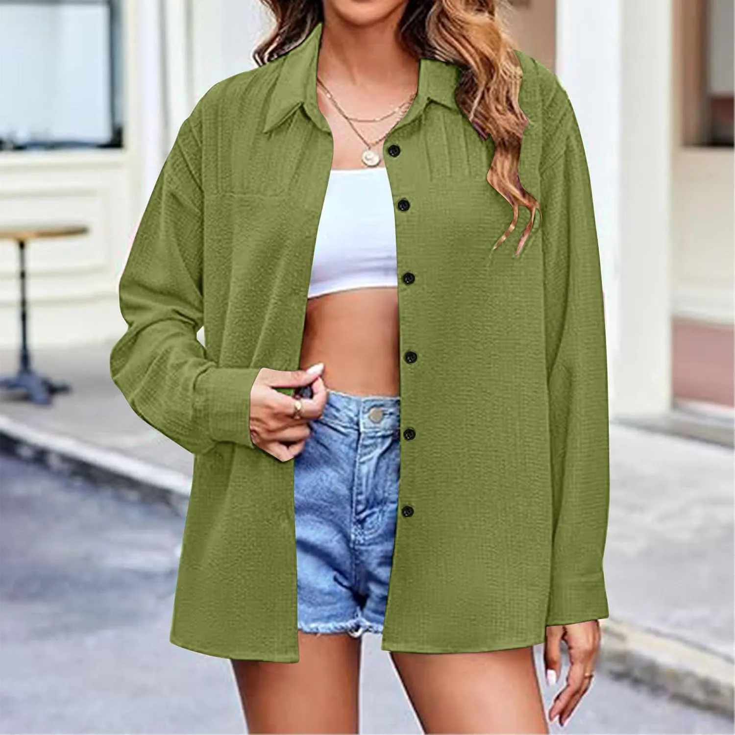 Womens Long Sleeve Tops V Neck Button Down Blouses Solid Classic Fit Shirts Spring Fall Daily Party Fashion Clothes