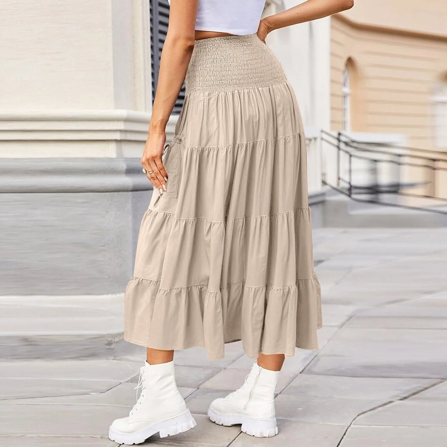 Women's Maxi Boho Skirt Long Hippie Bohemian Elastic Waist Gypsy Skirt Summer Flowy Pleated Tiered A Line Skirts