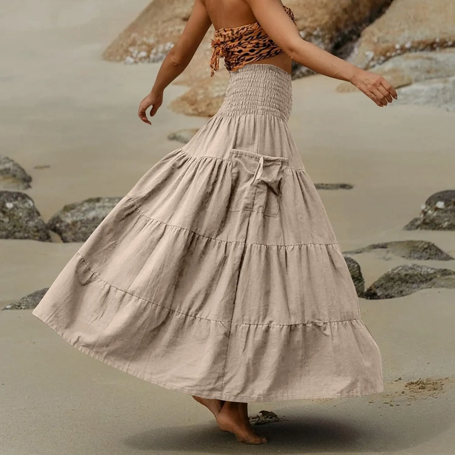 Women's Maxi Boho Skirt Long Hippie Bohemian Elastic Waist Gypsy Skirt Summer Flowy Pleated Tiered A Line Skirts