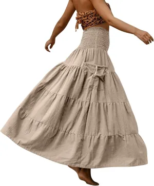 Women's Maxi Boho Skirt Long Hippie Bohemian Elastic Waist Gypsy Skirt Summer Flowy Pleated Tiered A Line Skirts