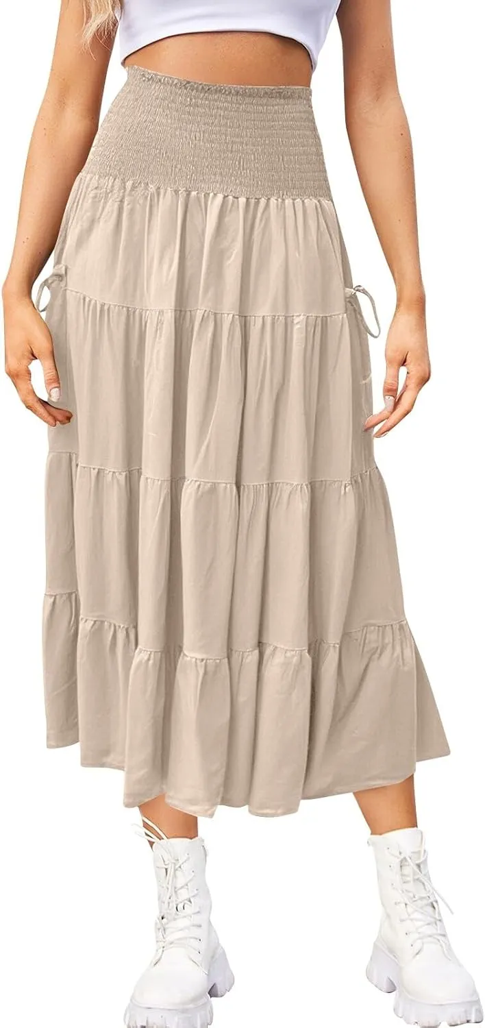 Women's Maxi Boho Skirt Long Hippie Bohemian Elastic Waist Gypsy Skirt Summer Flowy Pleated Tiered A Line Skirts