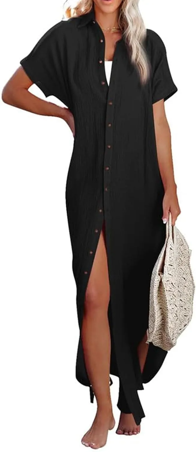 Women's Maxi Dress Summer Casual Button Cardigan Beach Dresses Side Slit Swimsuits Cover Up Vacation Long Flowy Skirt