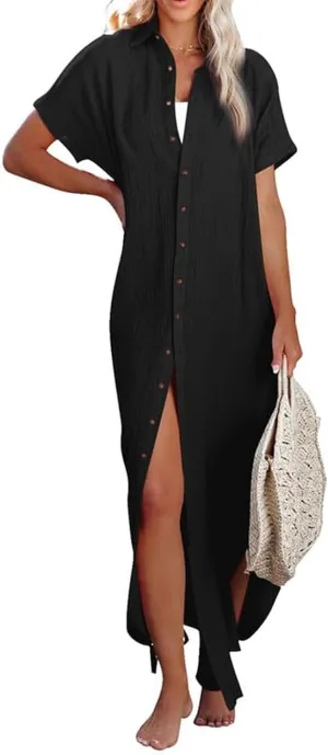 Women's Maxi Dress Summer Casual Button Cardigan Beach Dresses Side Slit Swimsuits Cover Up Vacation Long Flowy Skirt