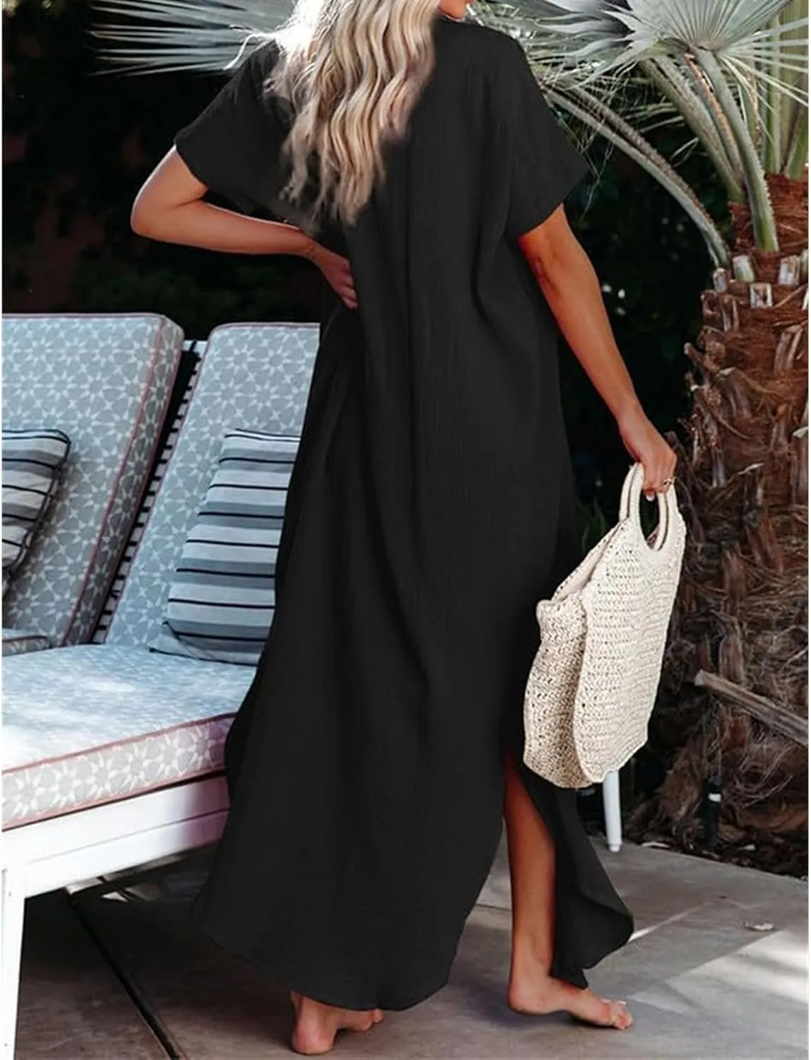 Women's Maxi Dress Summer Casual Button Cardigan Beach Dresses Side Slit Swimsuits Cover Up Vacation Long Flowy Skirt
