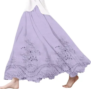 Womens Maxi Skirt Summer Floral Embroidered Lace Printed Boho Easter Long Skirts Flowy Tiered Beach Vacation Dress