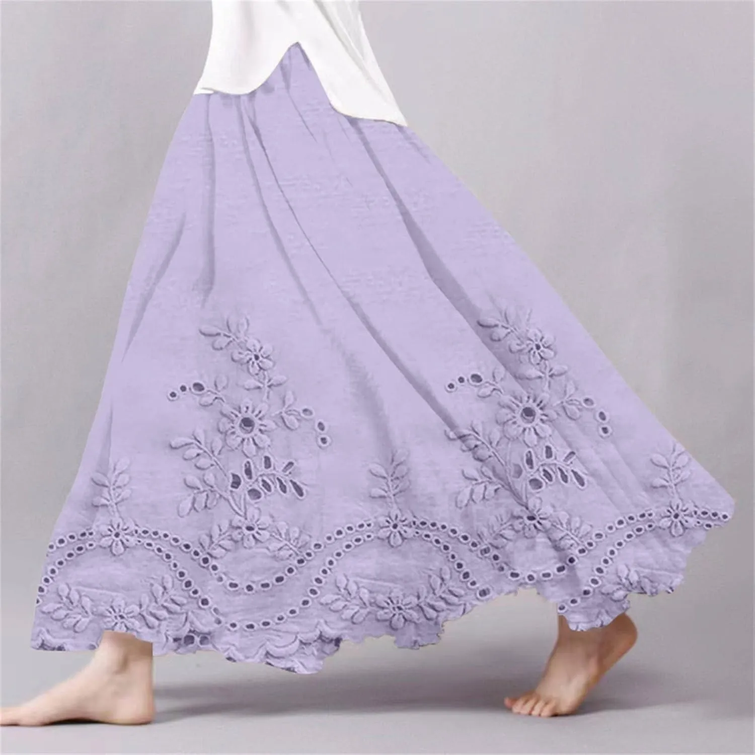 Womens Maxi Skirt Summer Floral Embroidered Lace Printed Boho Easter Long Skirts Flowy Tiered Beach Vacation Dress