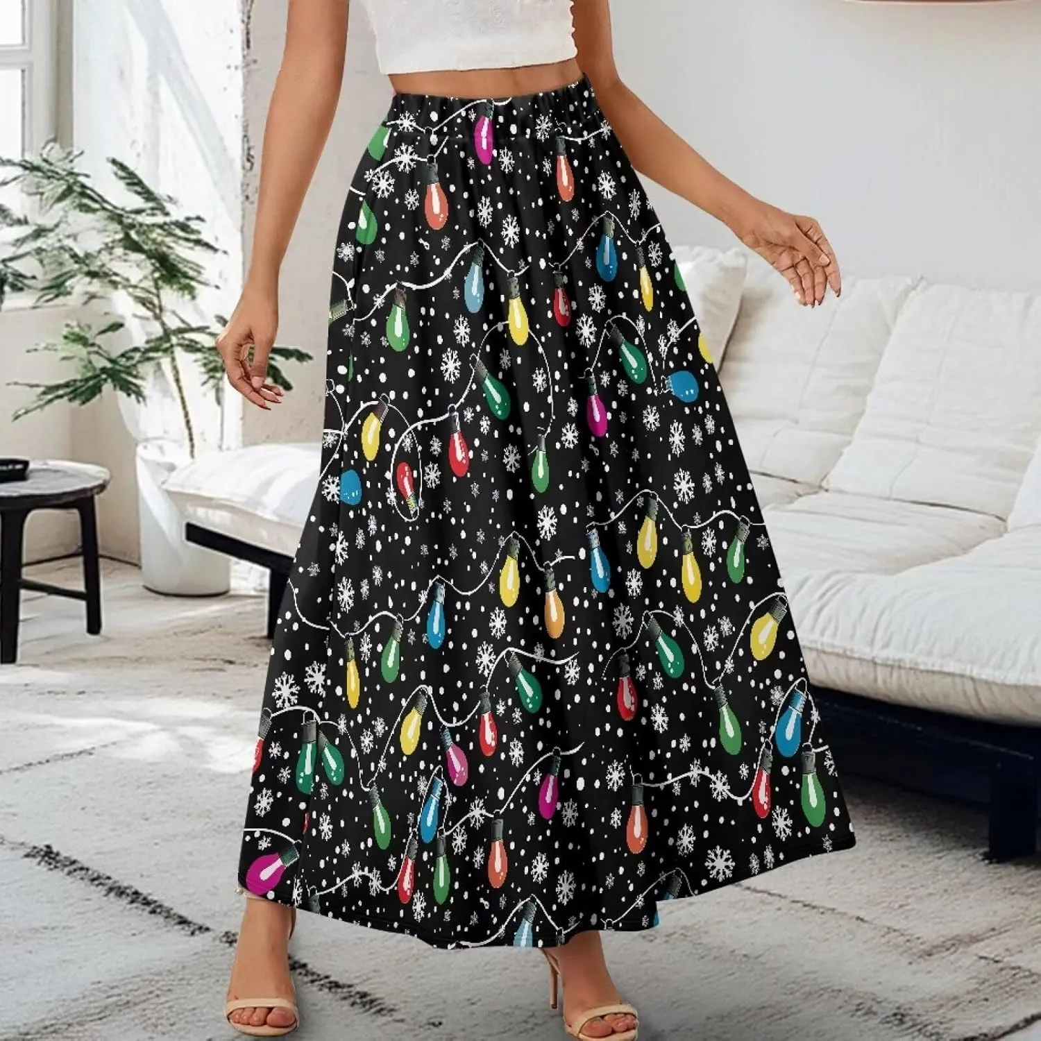 Womens Maxi Skirts High Waisted Flowy Ruffle Casual Swing Skirts Flared Casual A-Line Pleated Skirts for Women