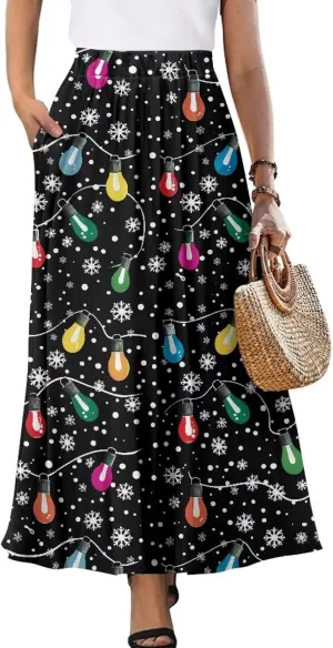 Womens Maxi Skirts High Waisted Flowy Ruffle Casual Swing Skirts Flared Casual A-Line Pleated Skirts for Women