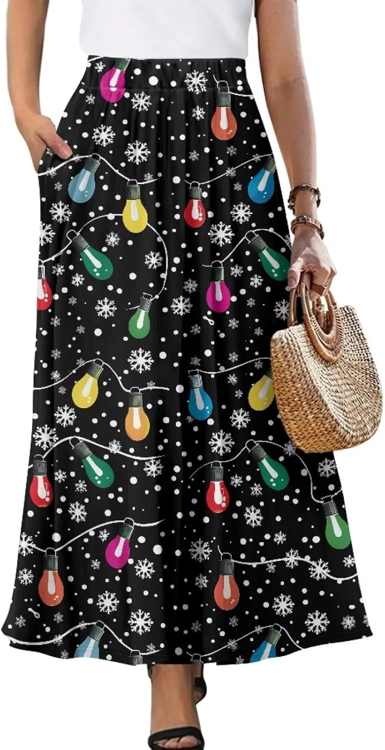 Womens Maxi Skirts High Waisted Flowy Ruffle Casual Swing Skirts Flared Casual A-Line Pleated Skirts for Women