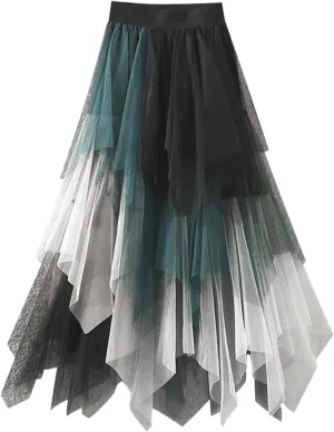 Womens Mesh Midi Skirt Multilayer Mesh Pleated High Waist High Low Lace Ballet Prom Party Tulle Tutu A-Line Long Skirts