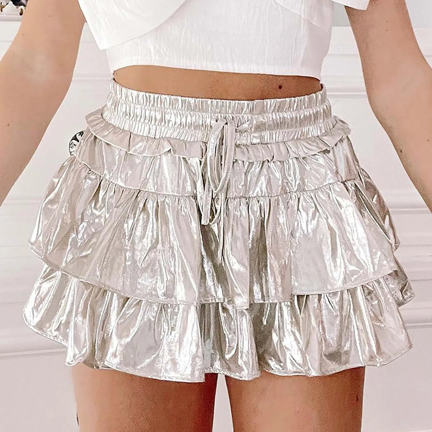 Womens Metallic Skirt Shiny Flared Pleated Skirt Layered Ruffle Hem Mini Skirt Christmas Rave Midi Skirts for Women 011