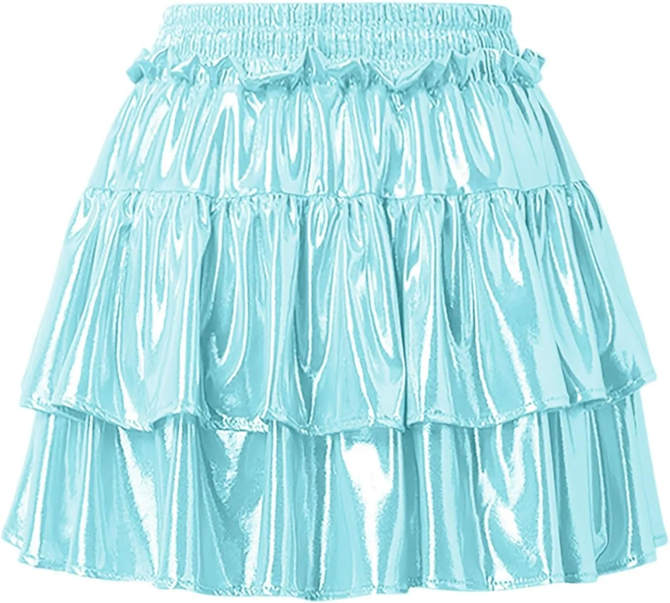 Womens Metallic Skirt Shiny Flared Pleated Skirt Layered Ruffle Hem Mini Skirt Christmas Rave Midi Skirts for Women 011